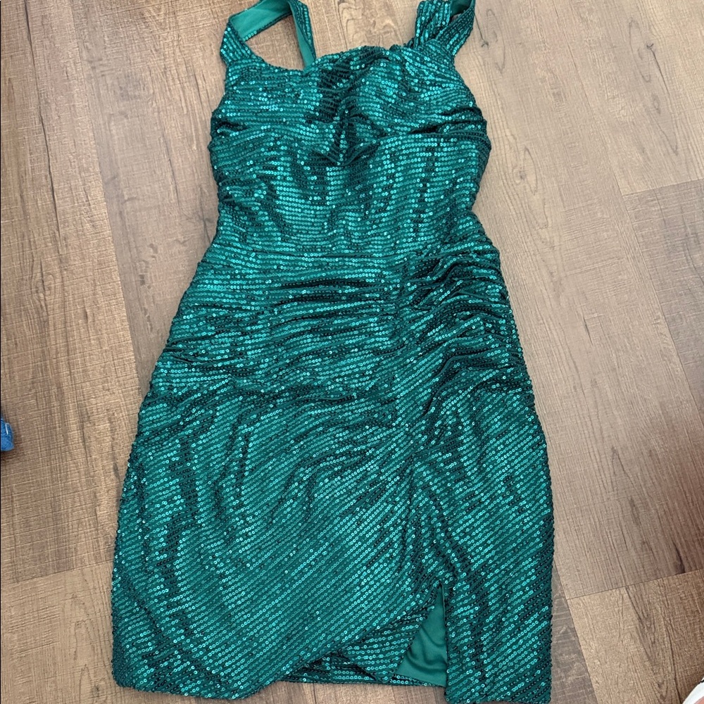 Teal Green Sequin Ruched Mini Dress
